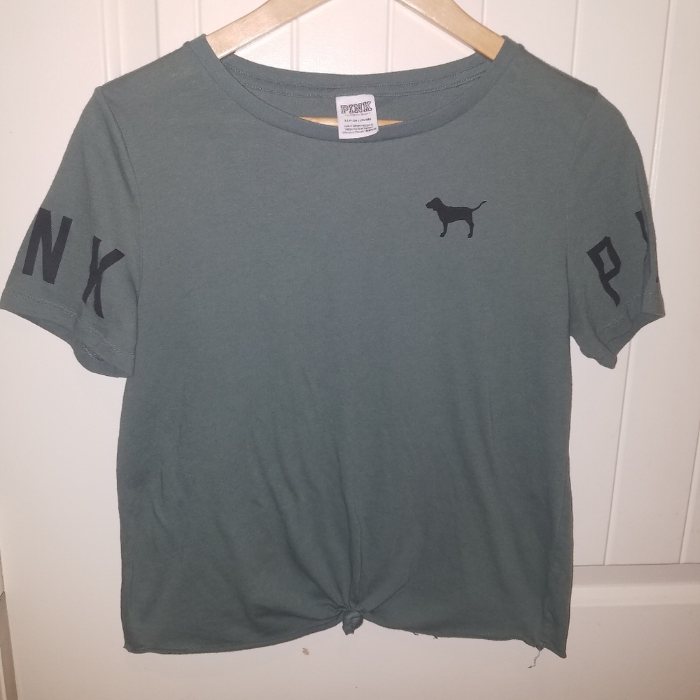 VICTORIAS SECRET PINK olive army green tied crop top tee shirt size small